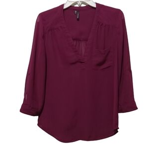 Maurices S pullover sheer blouse tunic burgundy 3/4roll tab sleeve Vneck pocket